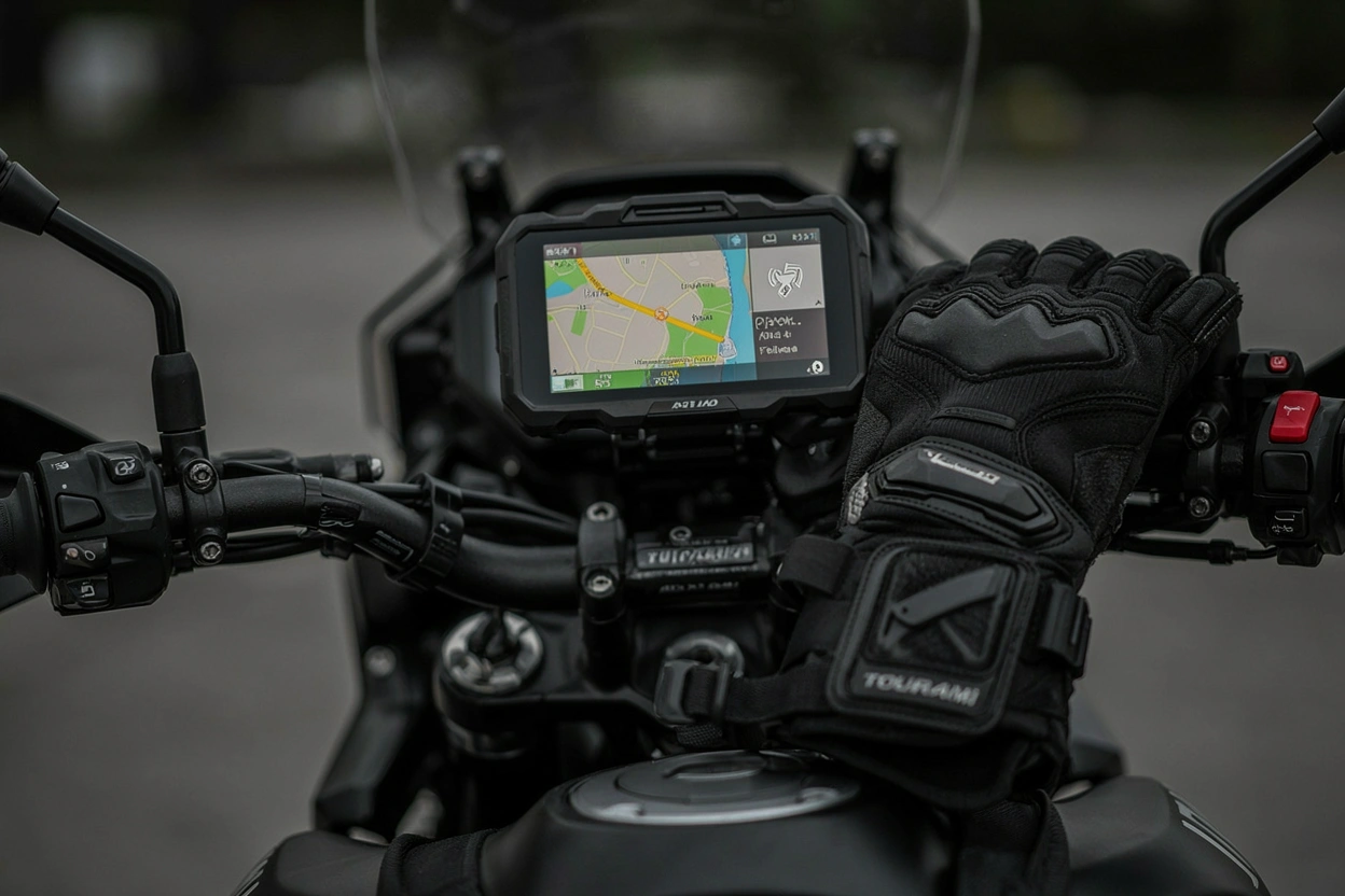 GPS moto étanche monté sur le guidon, avec gants et casque à proximité