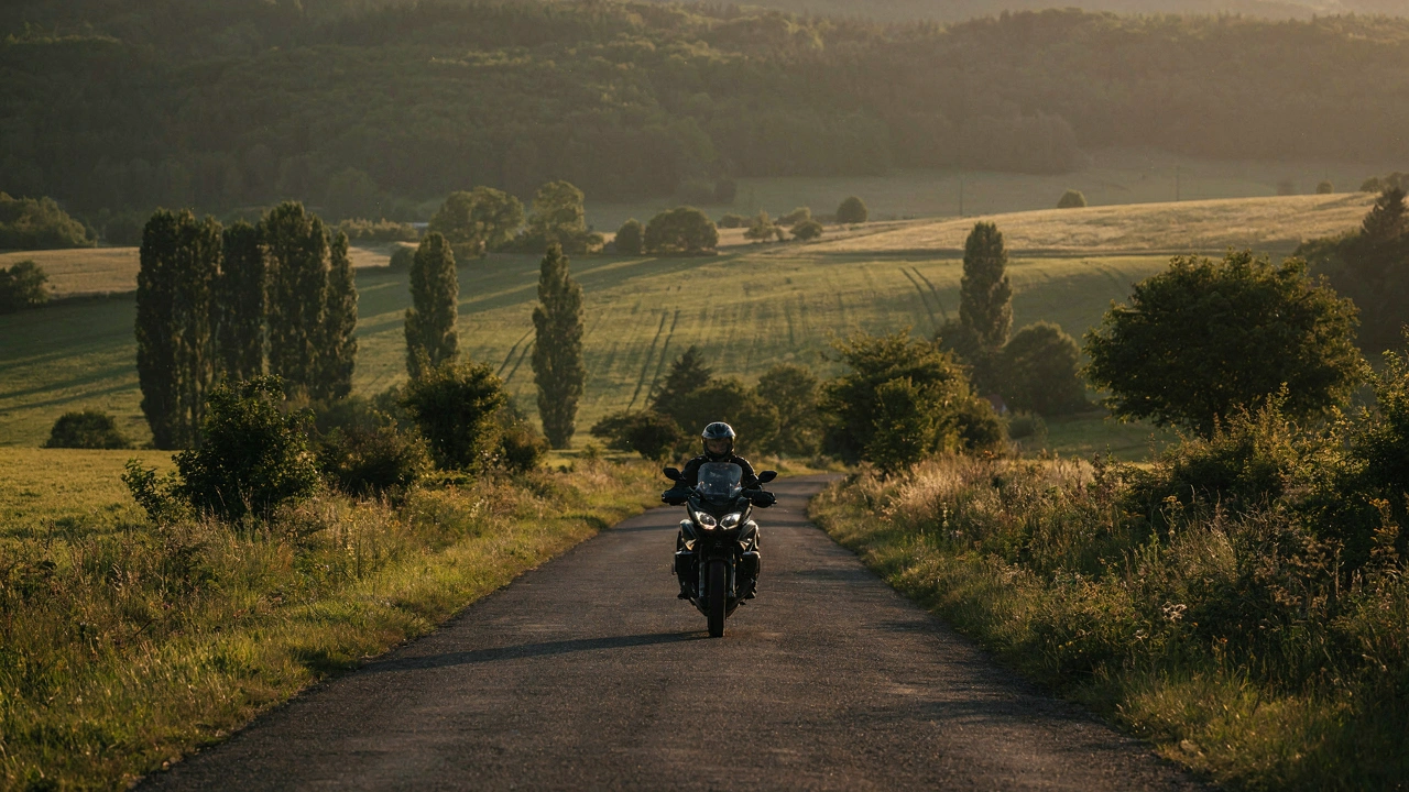 Motard circulant sur une route de campagne au bord de la Meuse, au soleil couchant