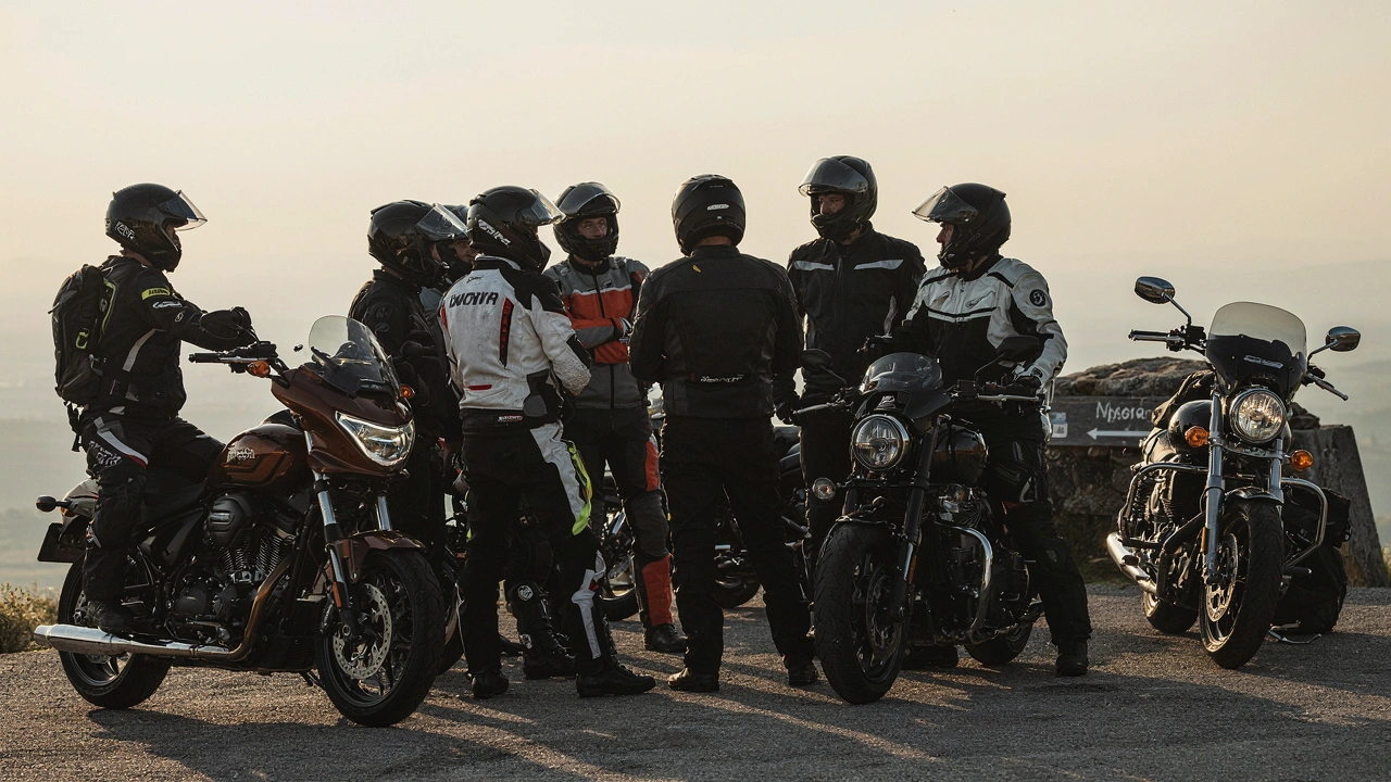 Plusieurs motards réunis avec leurs motos à un point de vue, au soleil couchant